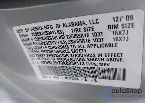 2010 Honda Odyssey Ex-L z USA, uszkodzony, nr VIN 5FNRL3H79AB039173